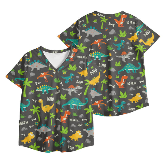 Dinosaur Print Scrubs Children's Hospital Scrubs Womens Printed V Neck Workwear Nursing Tops