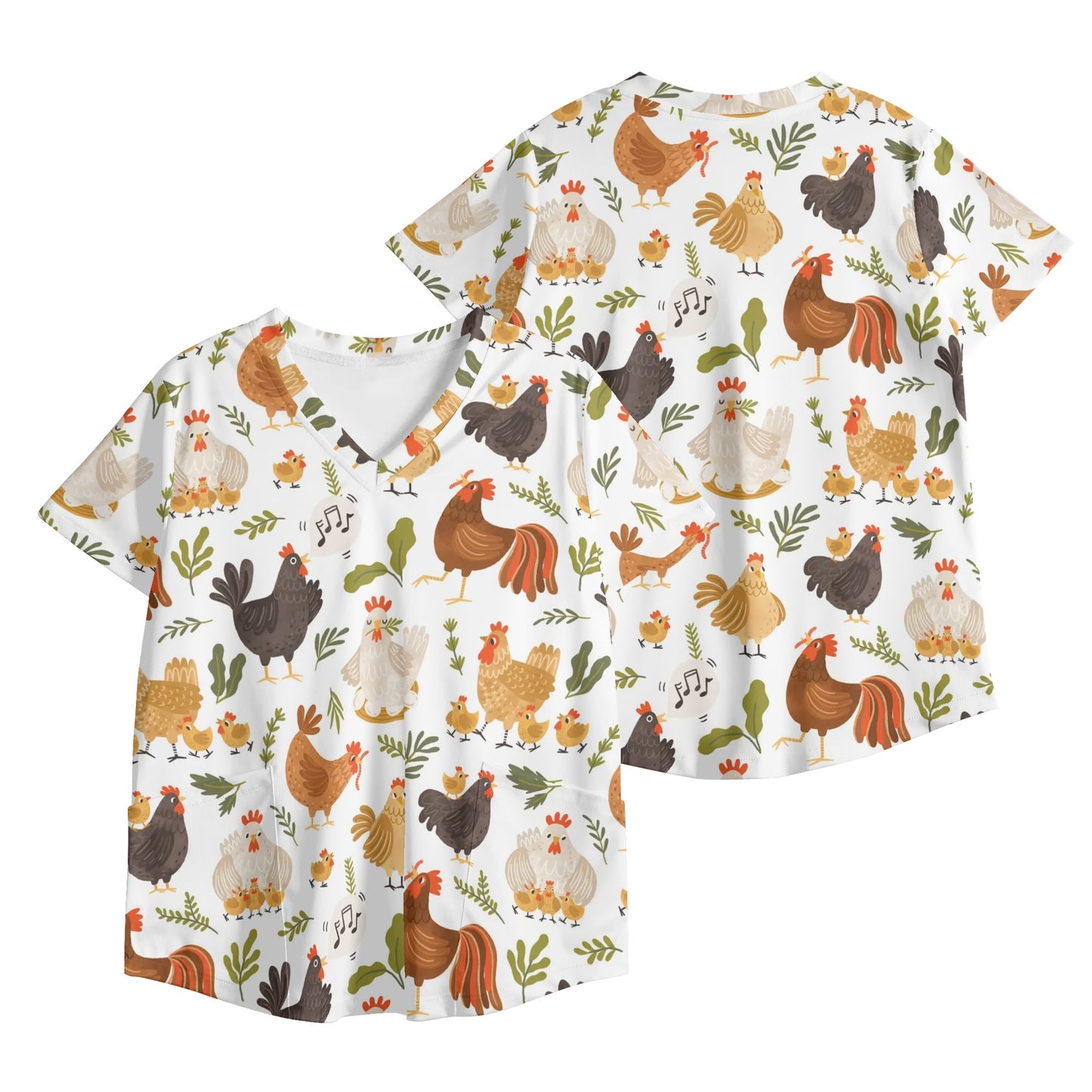 Chicken Pattern Scrub Top Hospital Scrubs Womens Printed V Neck Workwear Nursing Tops