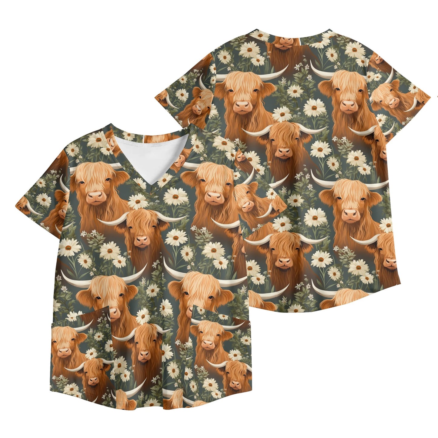 Highland Cow Pattern Nurses Scrubs Hospital Scrub Top Womens Printed V Neck Workwear Nursing Tops