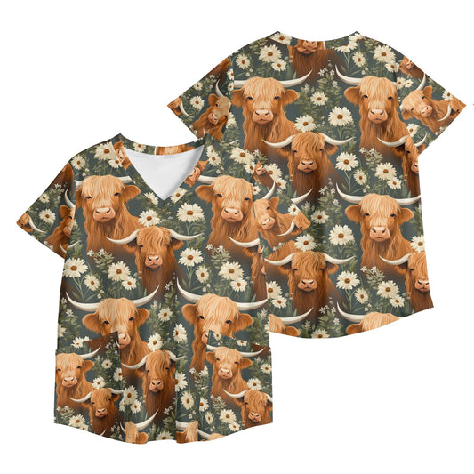 Highland Cow Pattern Nurses Scrubs Hospital Scrub Top Womens Printed V Neck Workwear Nursing Tops