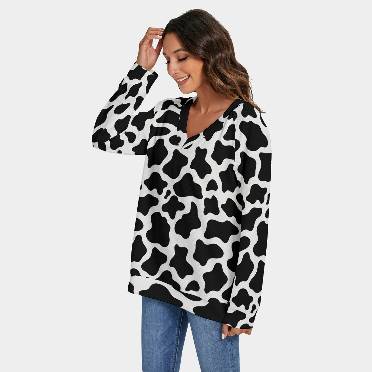 Cow Print Sweater Cow spot All-Over Print Women's V-neck Imitation Knitted Sweater With Long Sleeve