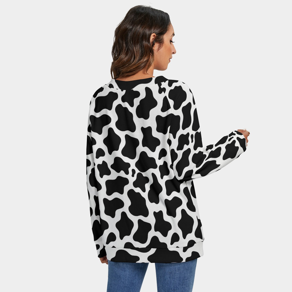 Cow Print Sweater Cow spot All-Over Print Women's V-neck Imitation Knitted Sweater With Long Sleeve