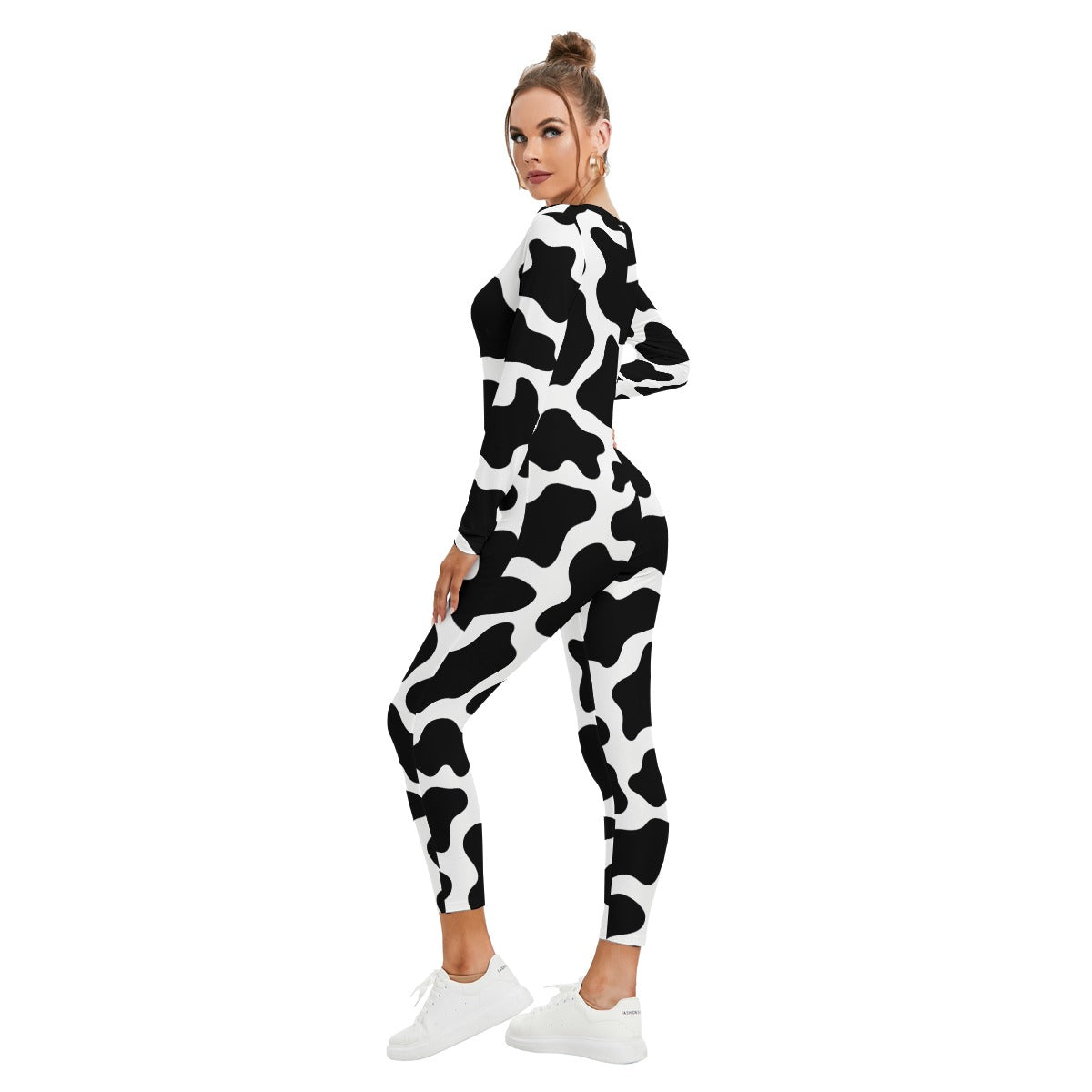 Cow Print Jumpsuit Cow Pattern All-Over Print Women's Plunging Neck Jumpsuit