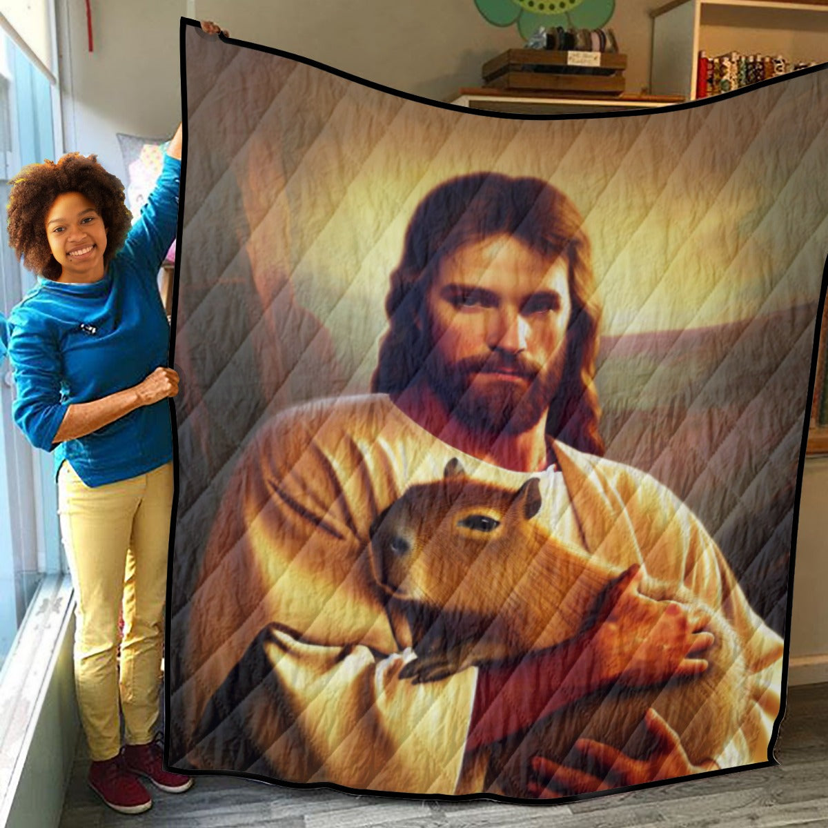 Jesus Holding Capybara Cute Capybara Gift Lightweight & Breathable Quilt With Edge-wrapping Strips