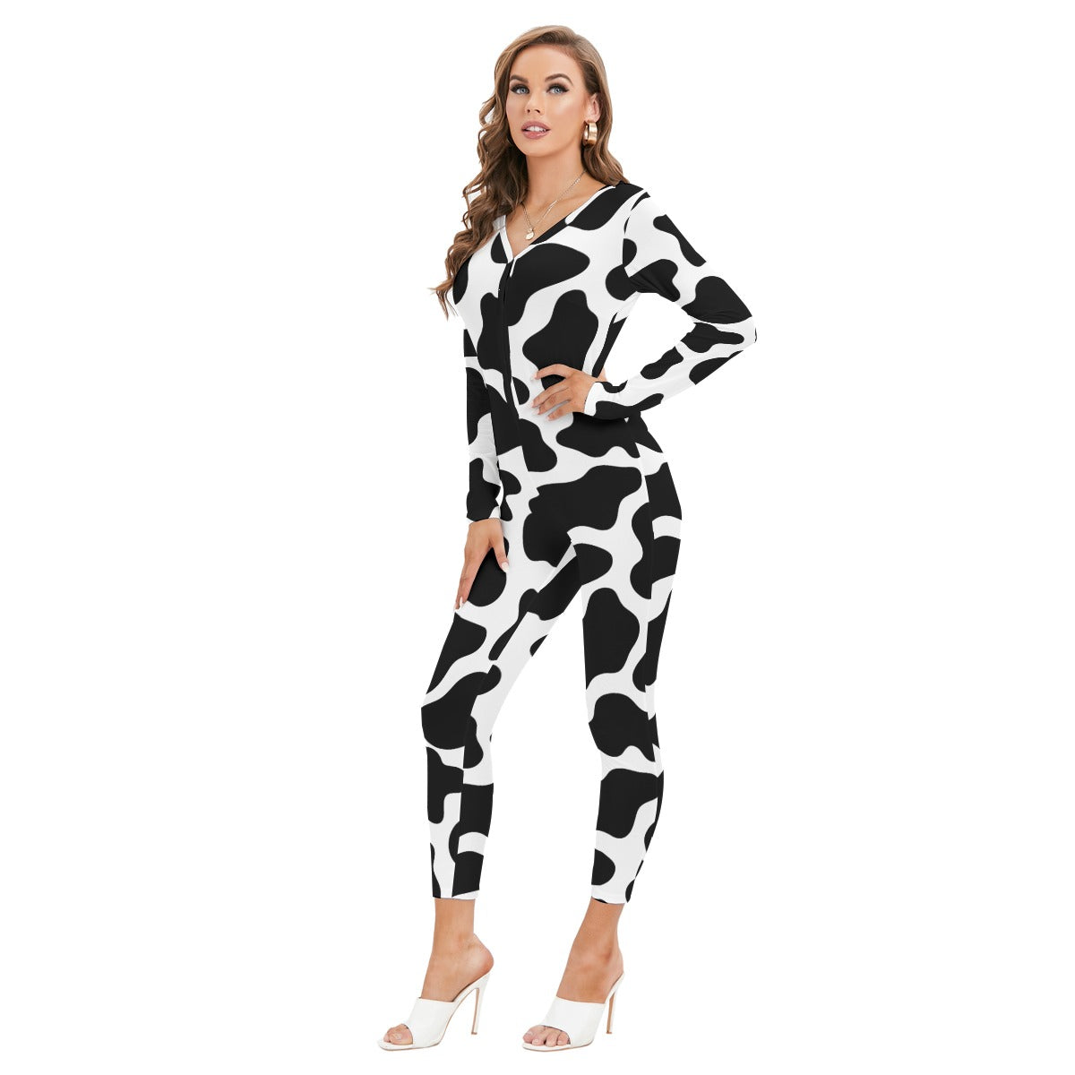 Cow Print Jumpsuit Cow Pattern All-Over Print Women's Plunging Neck Jumpsuit