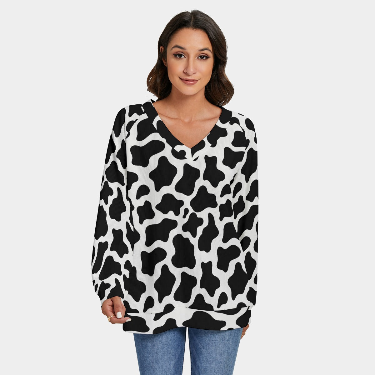 Cow Print Sweater Cow spot All-Over Print Women's V-neck Imitation Knitted Sweater With Long Sleeve