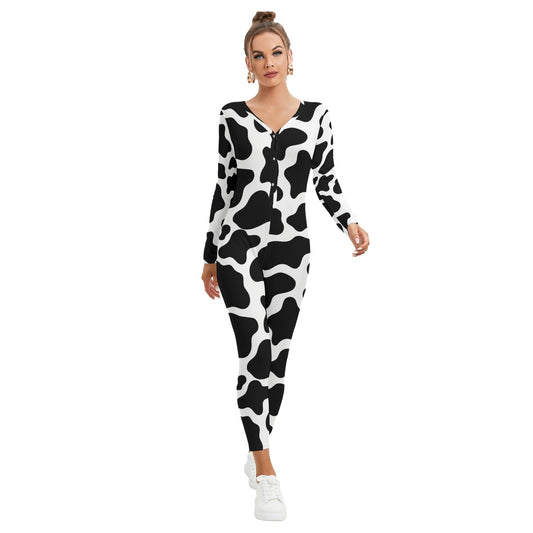 Cow Print Jumpsuit Cow Pattern All-Over Print Women's Plunging Neck Jumpsuit