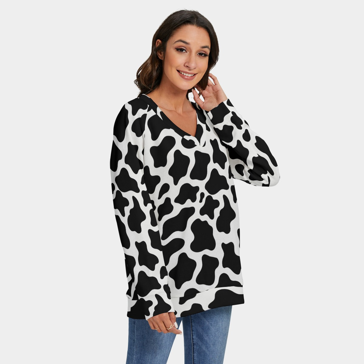 Cow Print Sweater Cow spot All-Over Print Women's V-neck Imitation Knitted Sweater With Long Sleeve