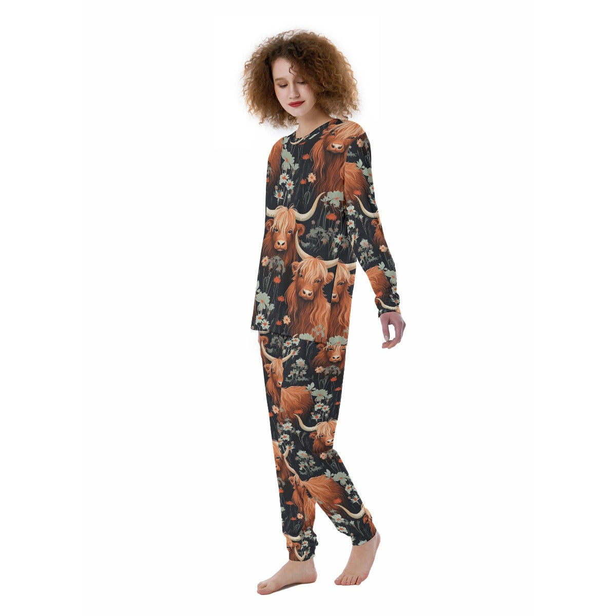 Highland Cow PJ's Cow Pattern Cow Print All-Over Print Women's Pajamas