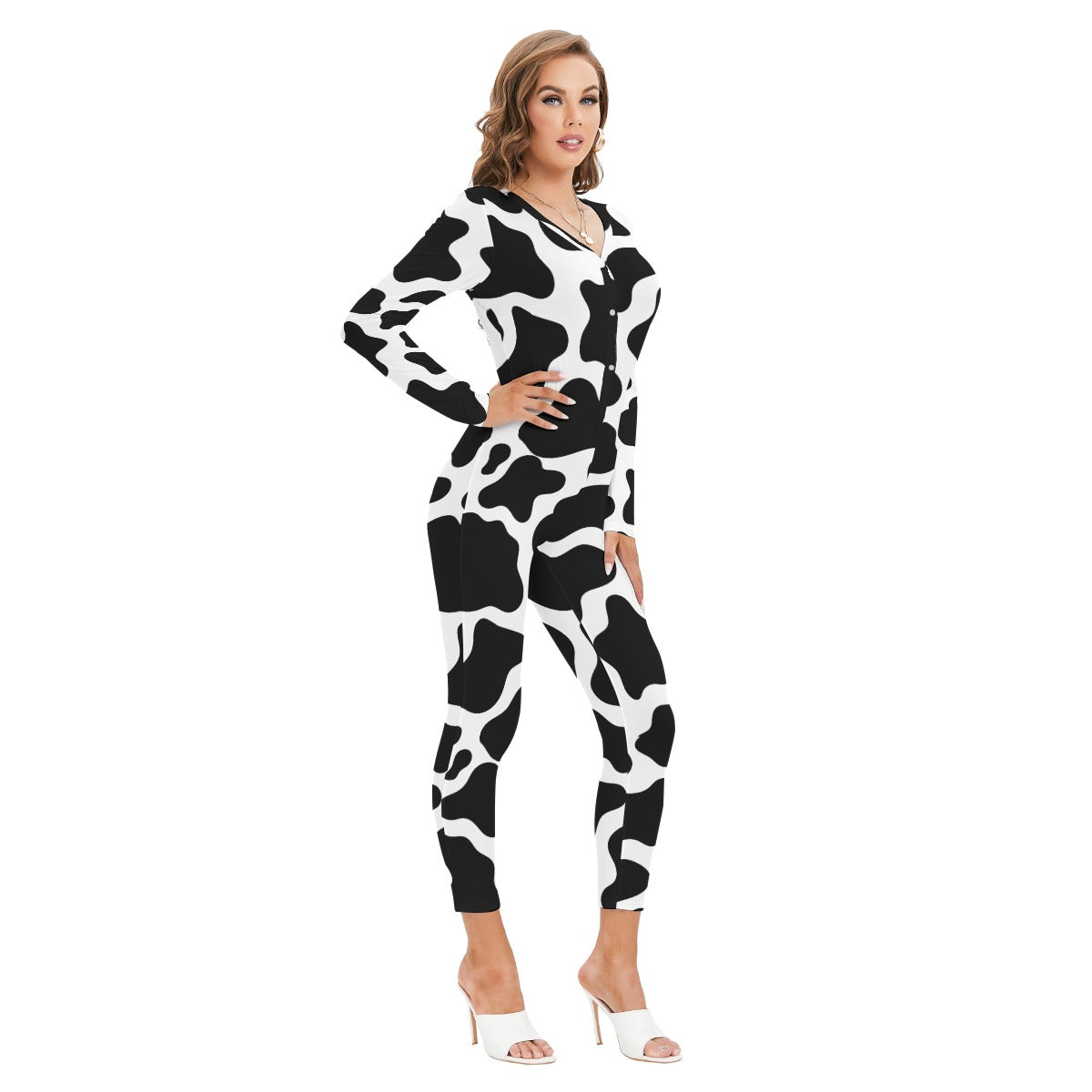 Cow Print Jumpsuit Cow Pattern All-Over Print Women's Plunging Neck Jumpsuit