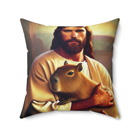 Capybara Holding Jesus, Capybara Gift, Spun Polyester Square Pillow